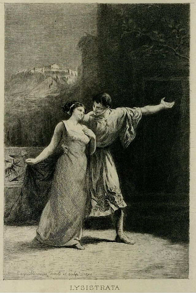 Illustration depicting a scene from Lysistrata by Aristophanes