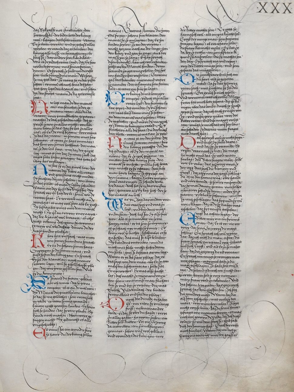 Ambraser Heldenbuch, folio 30r, showing the start of Hartmann von Aue’s Erec, 1516, Austrian National Library