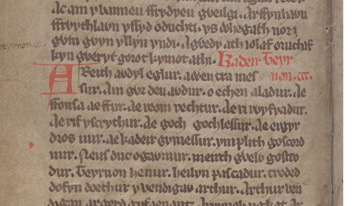 <i>The Book of Taliesin</i>, folio 16v, showing the poem <i>Kadeir Teyrnon</i>, in which Aladur’s name appears at the end of the sixth line
