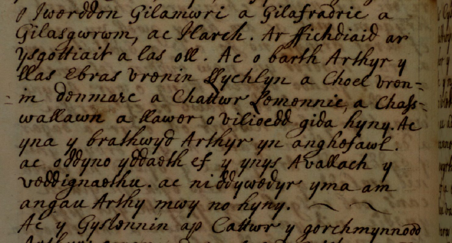 Folio from the Brut Tysilio showing the death of Caswallon on lines five and six