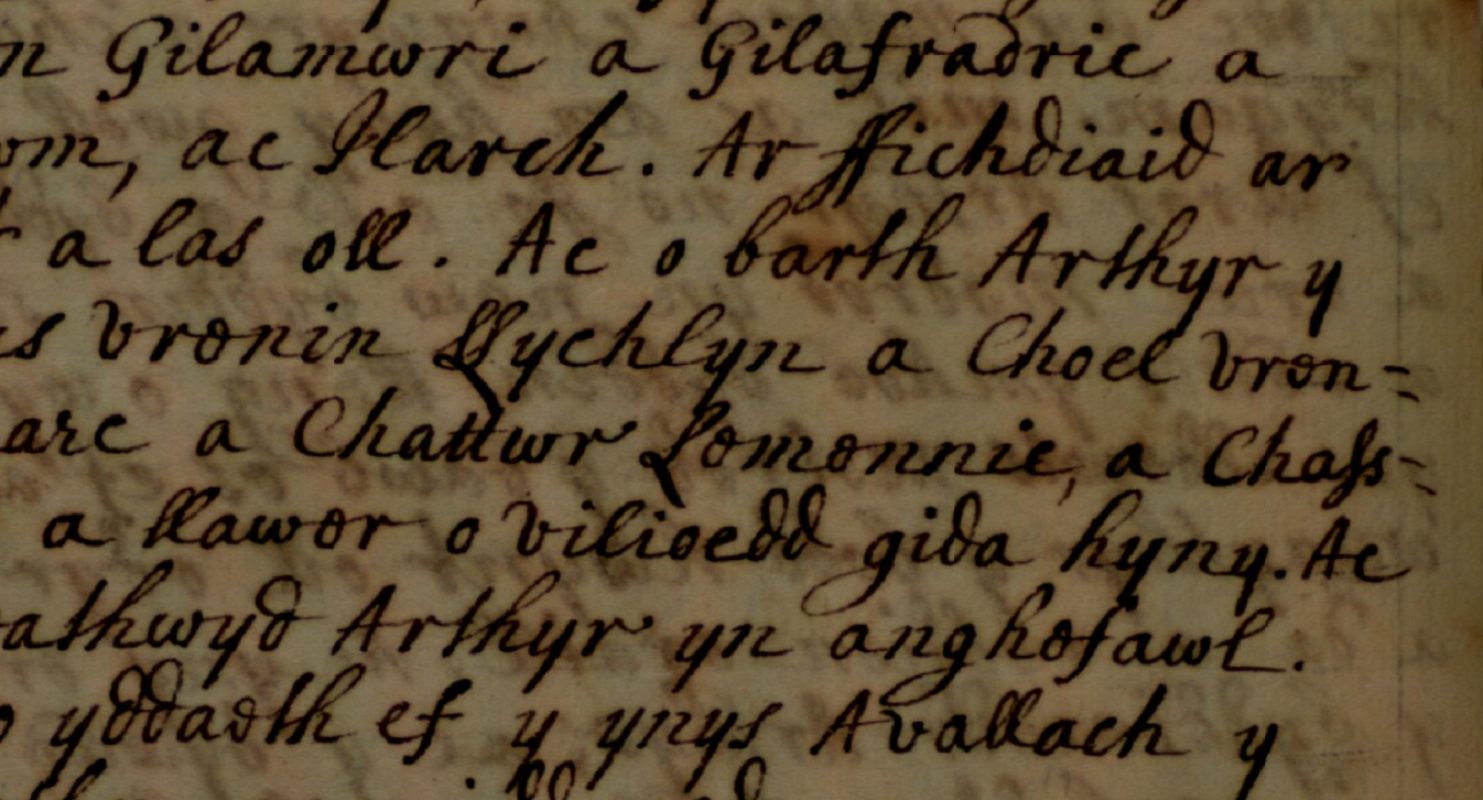 Brut Tysilio, Jesus College MS 28, page 168, showin Coel (Choel) king of Denmark on the fourth line