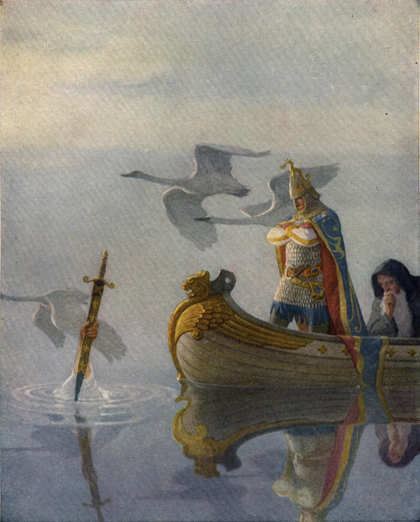 Illustration from page 16 of The Boy's King Arthur: "And when they came to the sword that the hand held, King Arthur took it up."