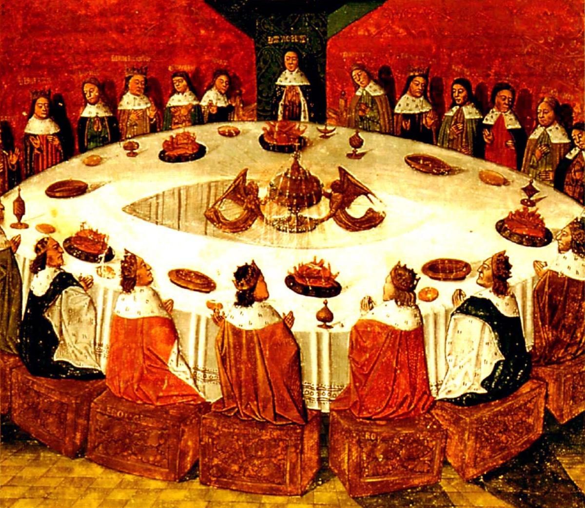 A poor, off-color reproduction of Holy-grail-round-table-ms-fr-112-3-f5r-1470-detail