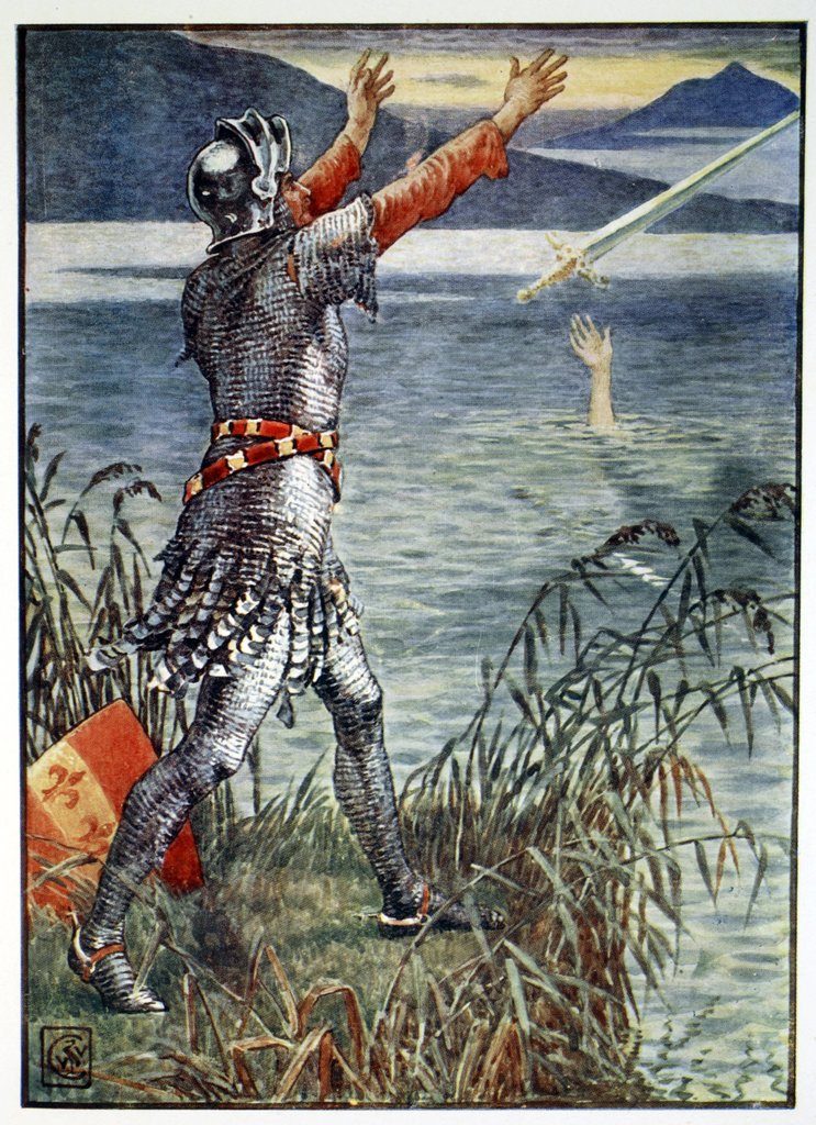 King Arthur Sir Bedivere throwing Excalibur into the lake