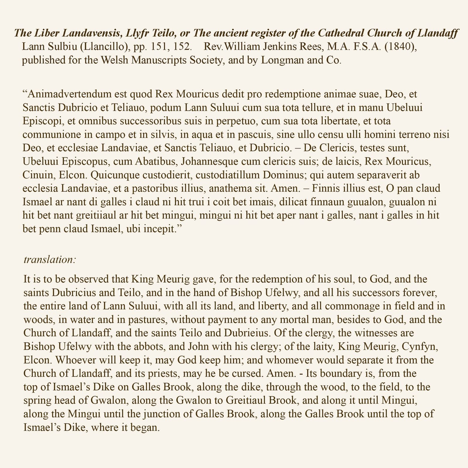 Llancillo in Liber Landavensis, Llyfr Teilo, or The Book of Llandaff 1150, printed 1840