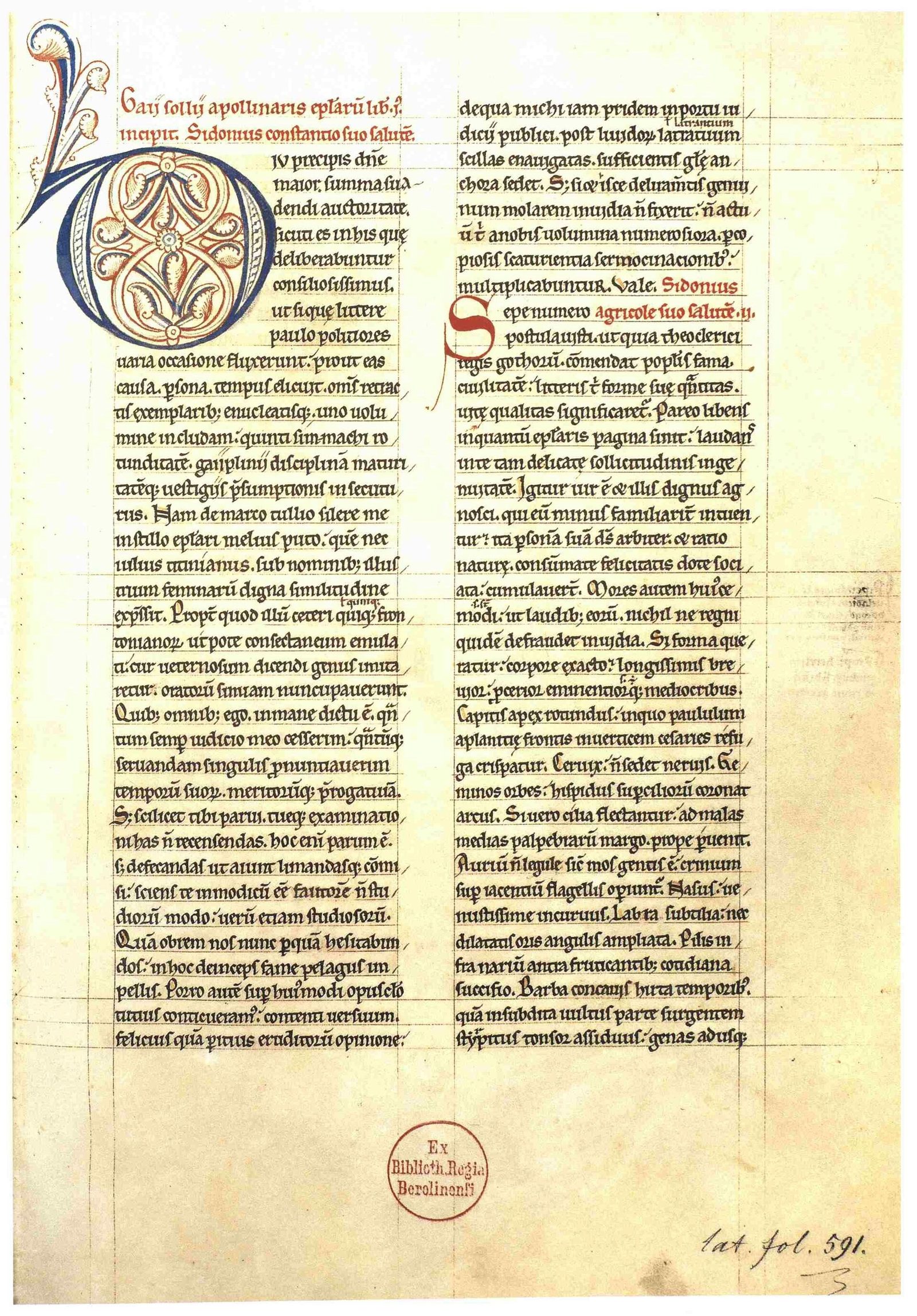 The beginning of Sidonius’ letters in the manuscript Berlin, Staatsbibliothek, Ms. lat