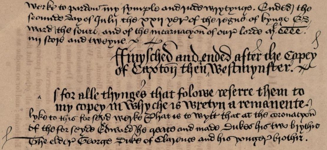 End of the copy of Caxton's Brut and beginning of John Warkworth's original chronicle: facsimile of Cambridge Peterhouse MS 190 f 214v
