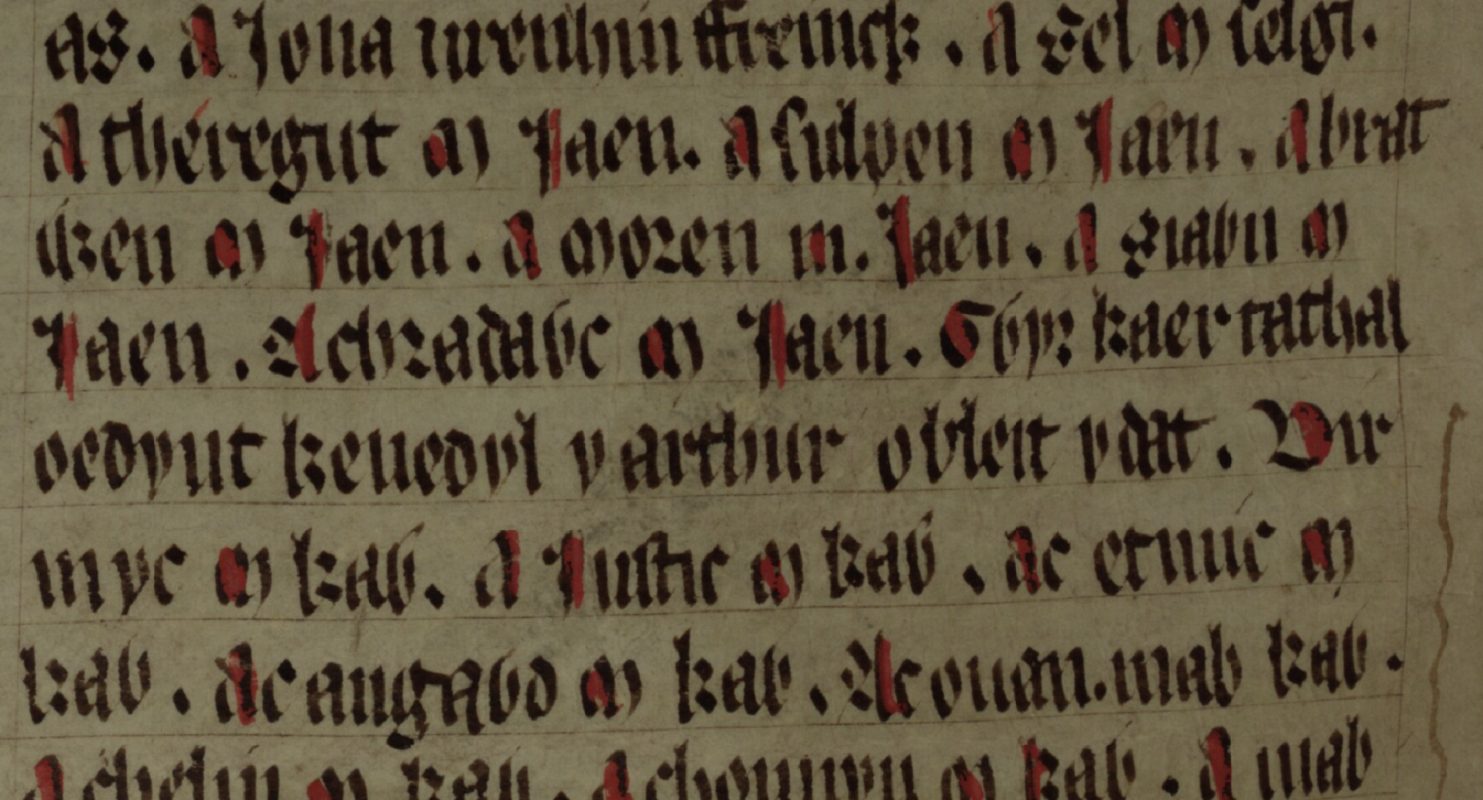 Culhwch and Olwen, folio 201v, showing Moren ap Iaen in the centre of the third line