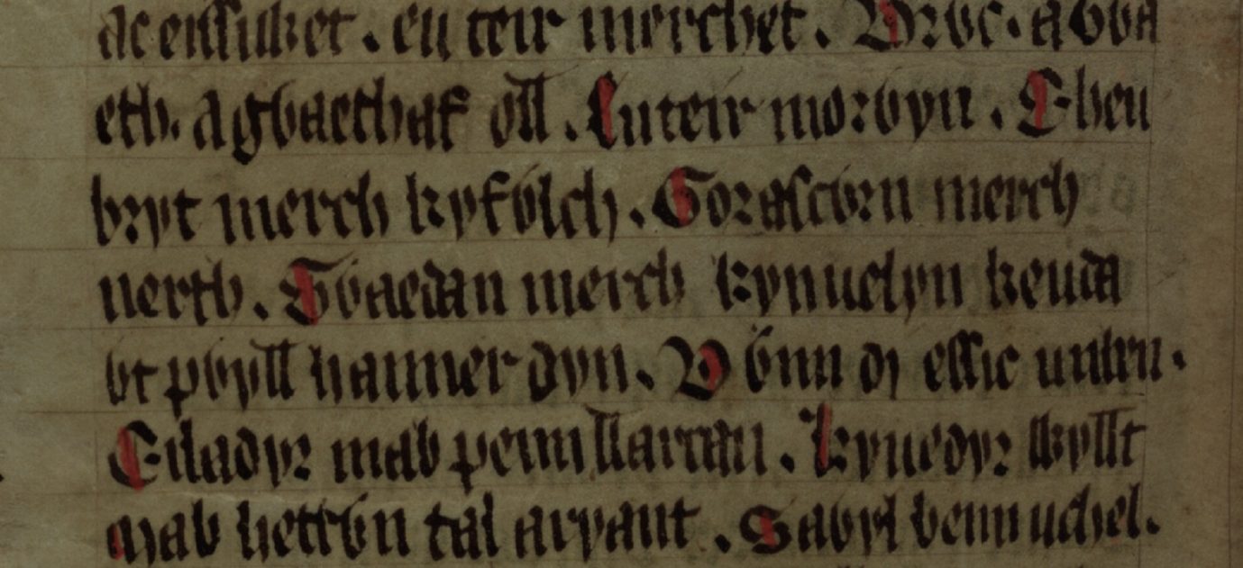 Culhwch and Olwen, folio 202v, showing ‘Gwaedan merch Kynuelyn Keutawt’ on the fourth and fifth lines