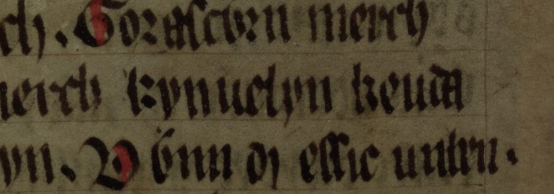 Culhwch and Olwen, folio 202v, showing Kynfelyn Keutawt (the final two letters are on the following line)