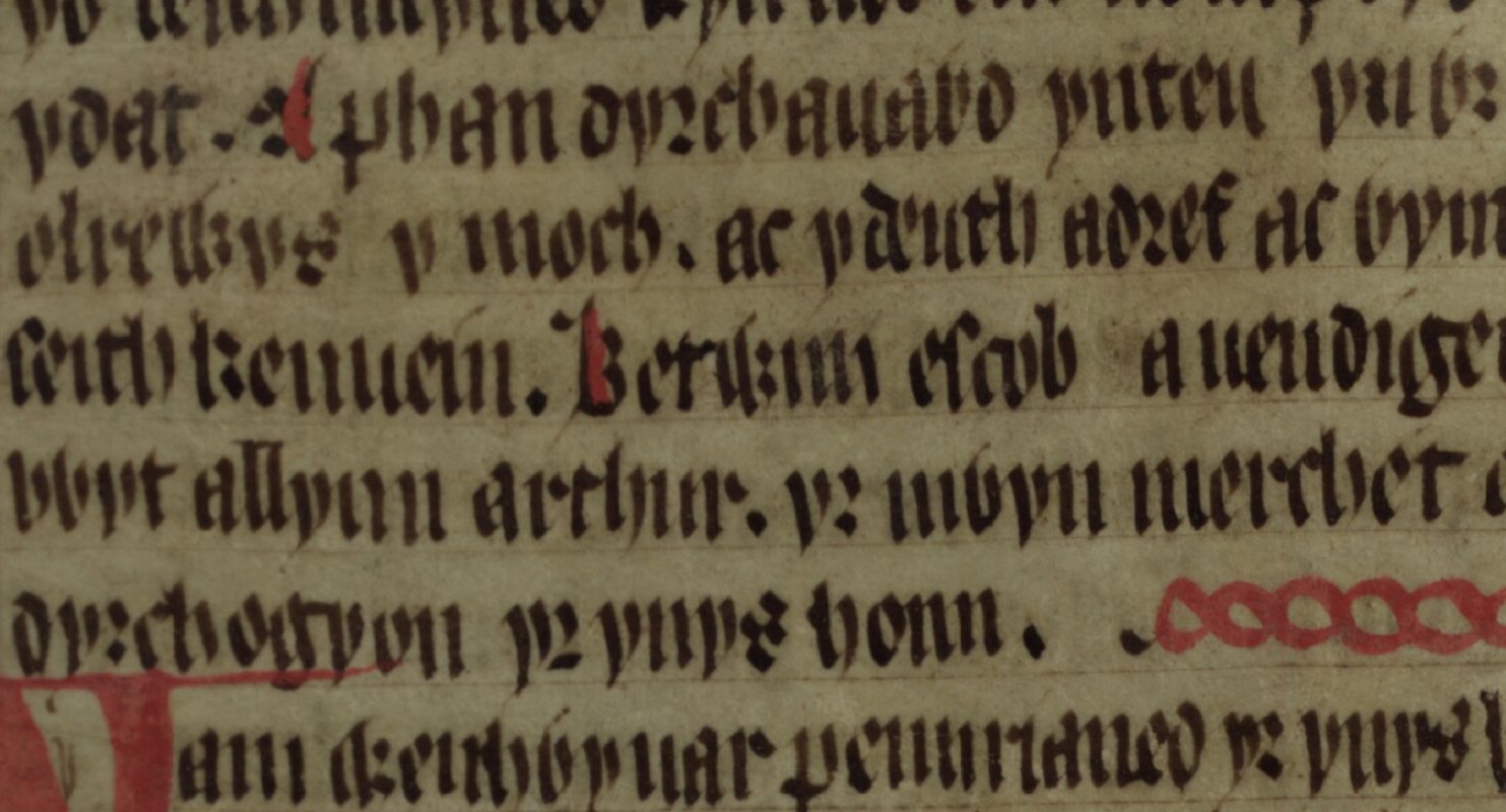 Culhwch and Olwen, folio 203r, showing Bishop Bedwini (Betwini escob) in the centre, Bodleian Library, Oxford