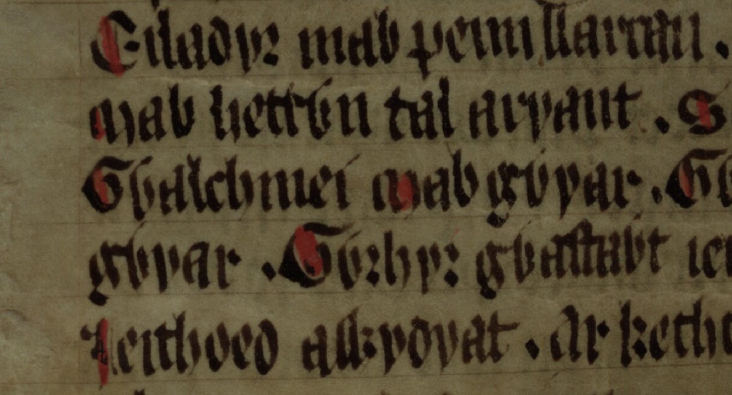 Culhwch and Olwen, folio 202v, showing Arthur’s knight Gwalchmai in the centre line