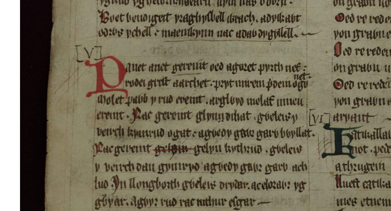 The opening lines of Englynion Gereint fab Erbin, the poem from the Red Book of Hergest that describes the death of Geraint at the Battle of Llongborth, folio 259v
