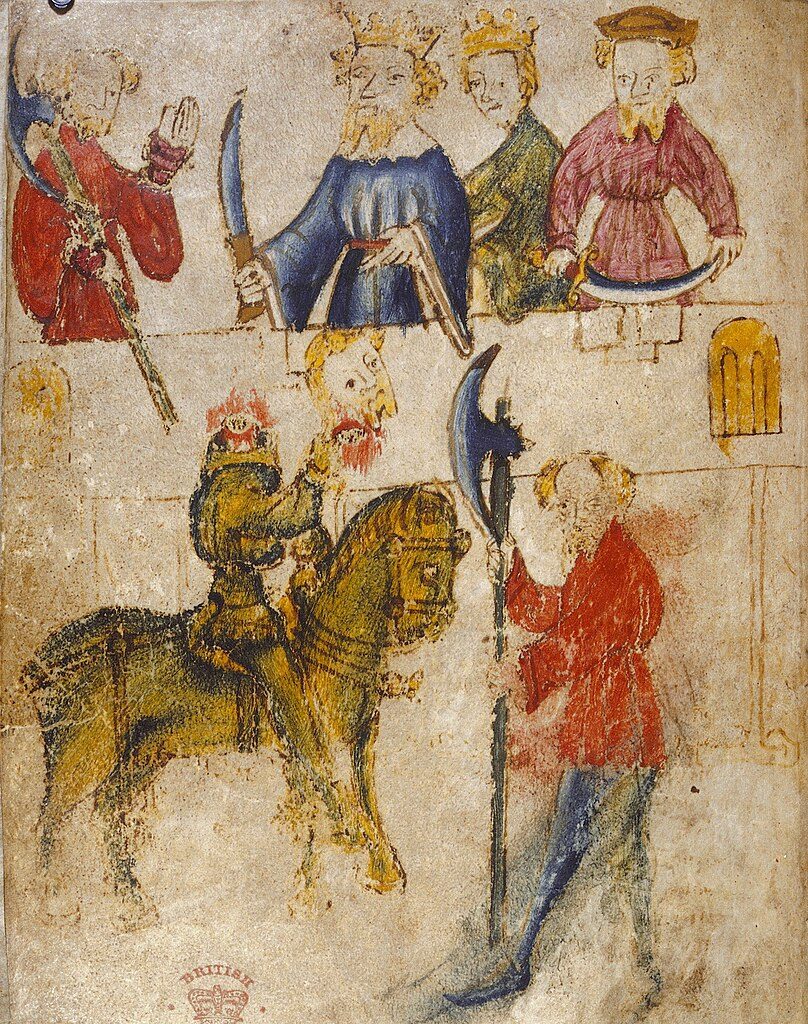 A depiction of the Green Knight at King Arthur’s court in the Pearl Manuscript, late fourteenth century