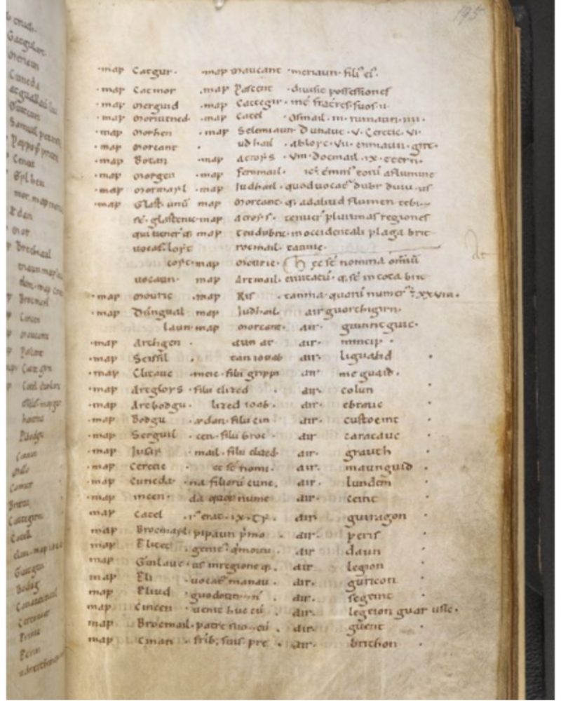 Athrwys’ genealogy in the Harleian MS 3859, folio 195r, 12th century