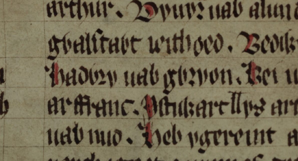 Jesus College MS 111, folio 194r, showing Cadwry or Hadwry ap Gwrion in the centre