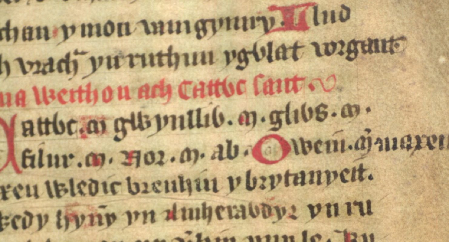 Jesus College MS 20, folio 34r, showing Glywys at the end of the centre line