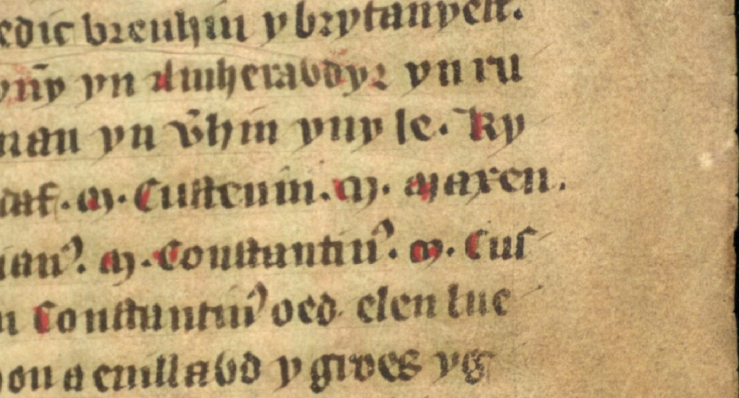 Jesus College MS 20, folio 34r, showing Magnus Maximus’ name written as ‘Maxen’ on the end of the centre line