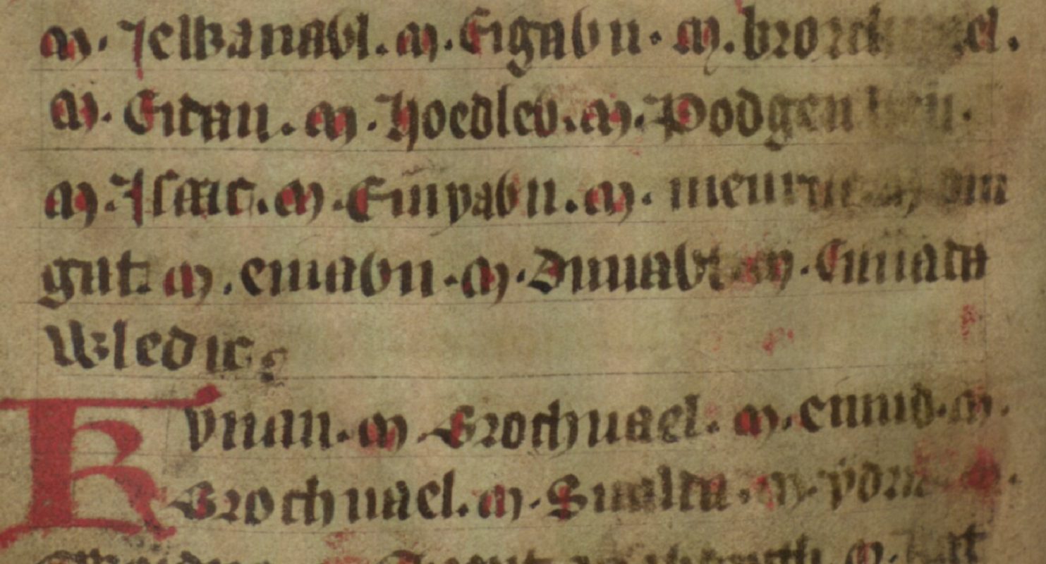 Jesus College MS 20, folio 39v, showing part of Cadwallon’s likely true lineage on the fourth line, Bodleian Library, Oxford
