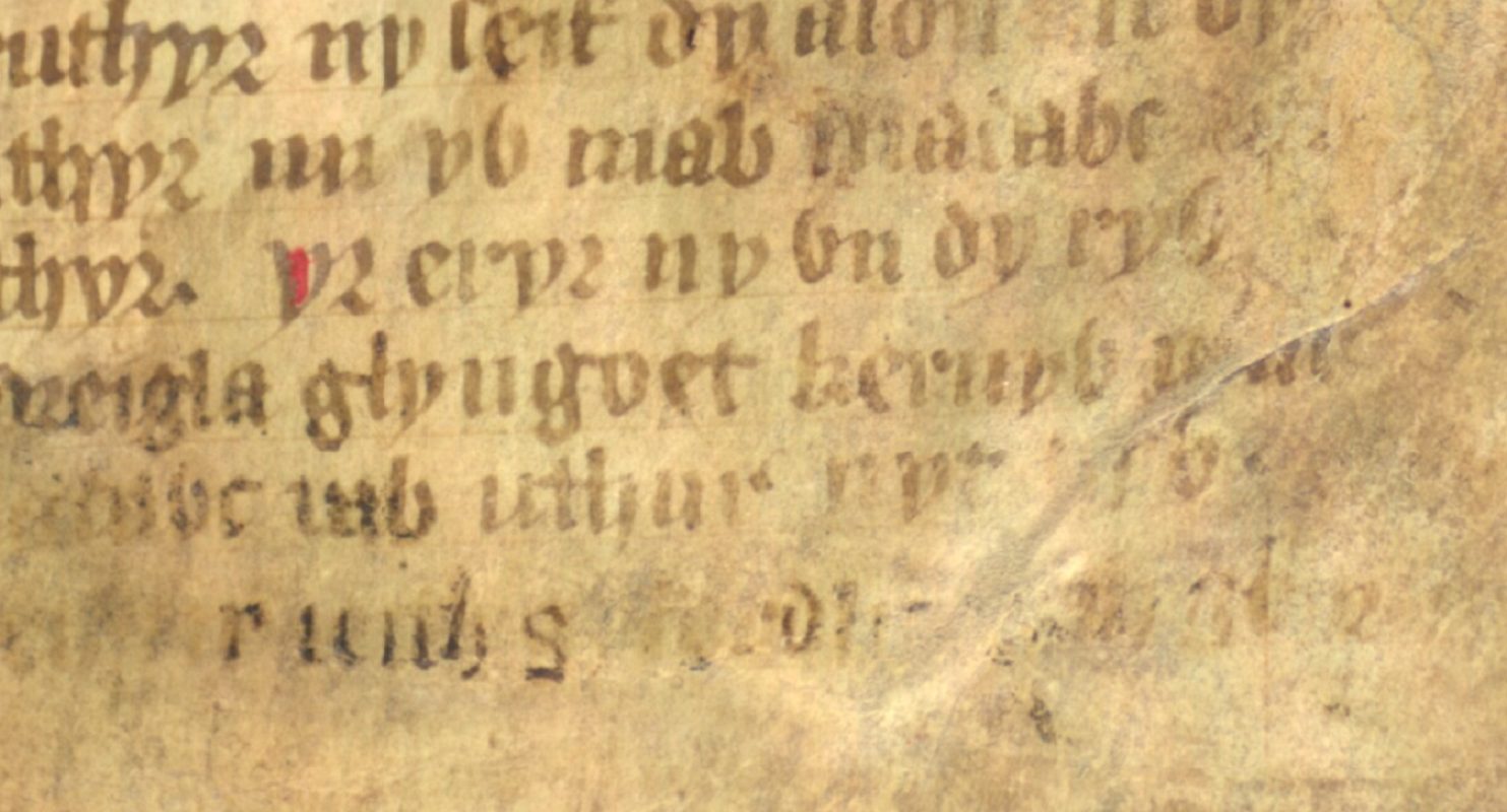 Jesus College MS 20, folio 1r, showing ‘glyn goet kernyw’ in the poem Arthur and the Eagle