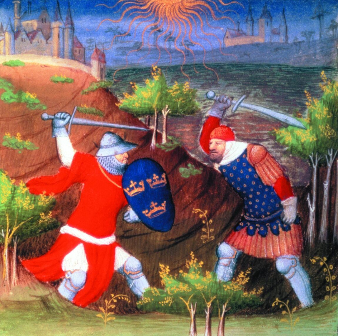 King Arthur fighting a Roman general, Boucicault Master, 15th century