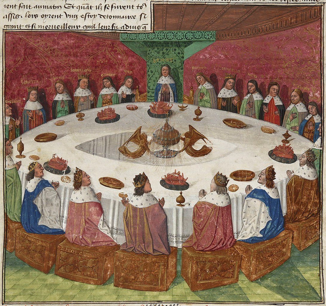 An illustration of King Arthur and his knights at the Round Table, from BNF 112, illuminated manuscript of the Prose Lancelot, Evrard d’Espinques, 1470