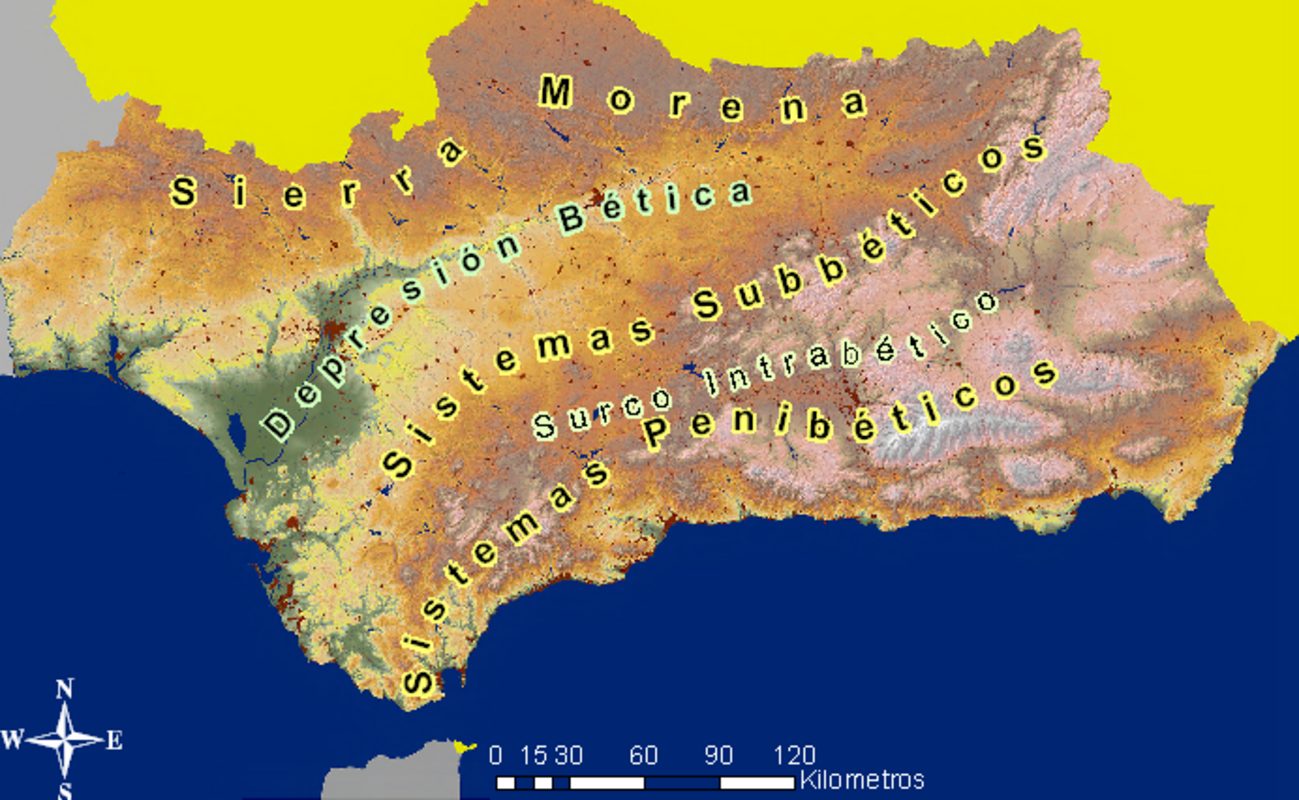 Spanish map showing the Beatic Depression extending through Andalusia, by Jompy, CC-BY 3.0