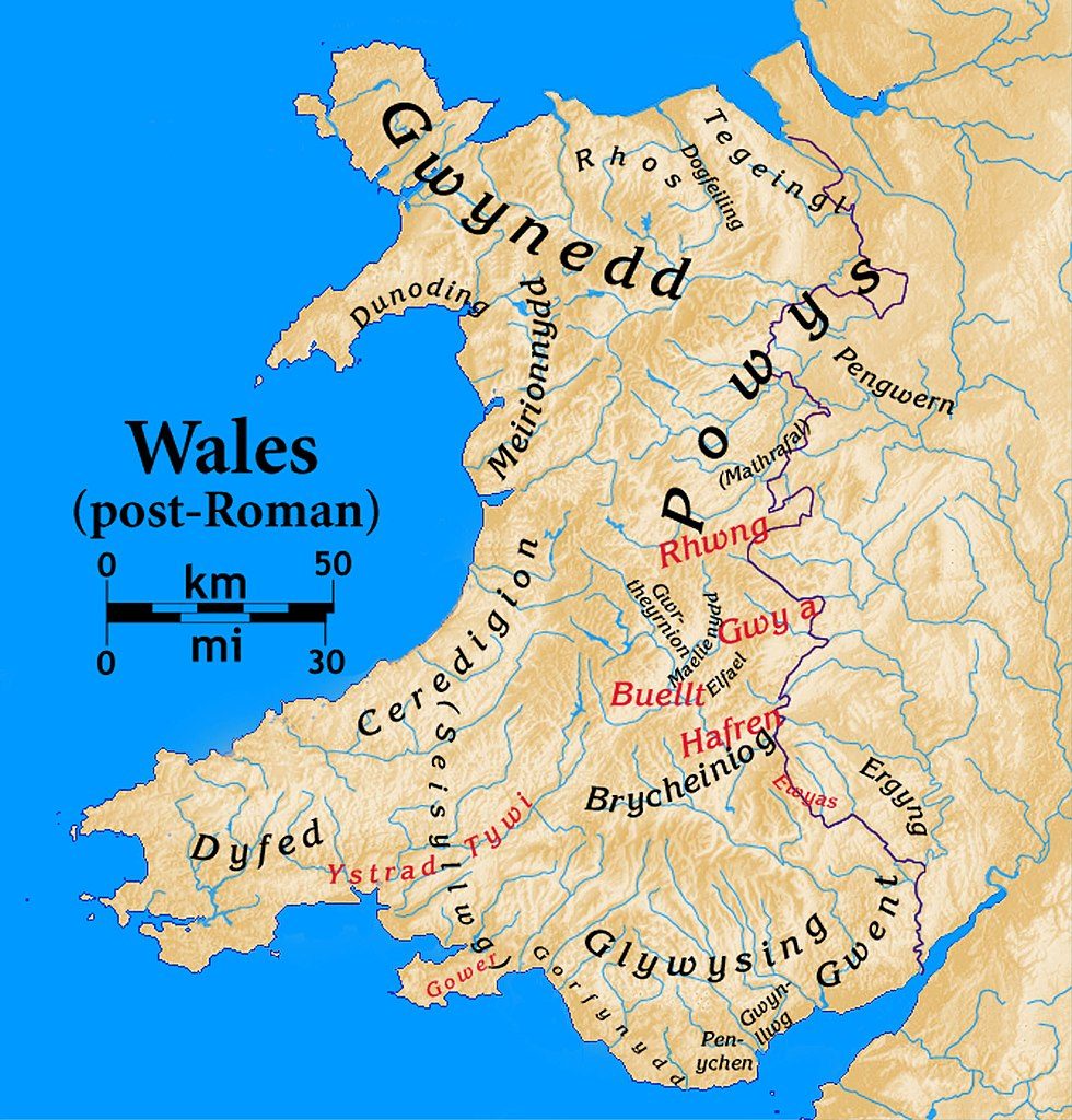 Map showing the location of the kingdom of Gwynedd, the territory of Cadwallon Lawhir