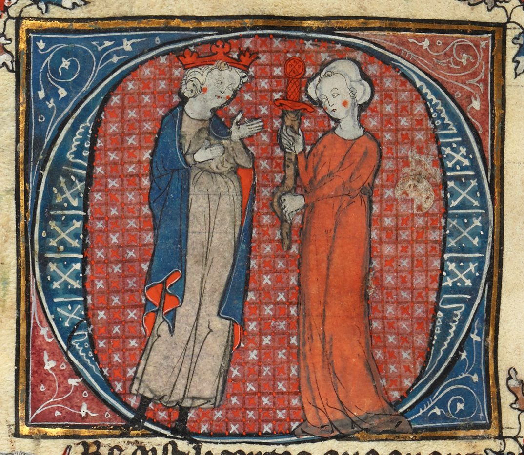 A depiction of Morgan giving Arthur a fake Excalibur from an illuminated manuscript of part of the Post-Vulgate Cycle