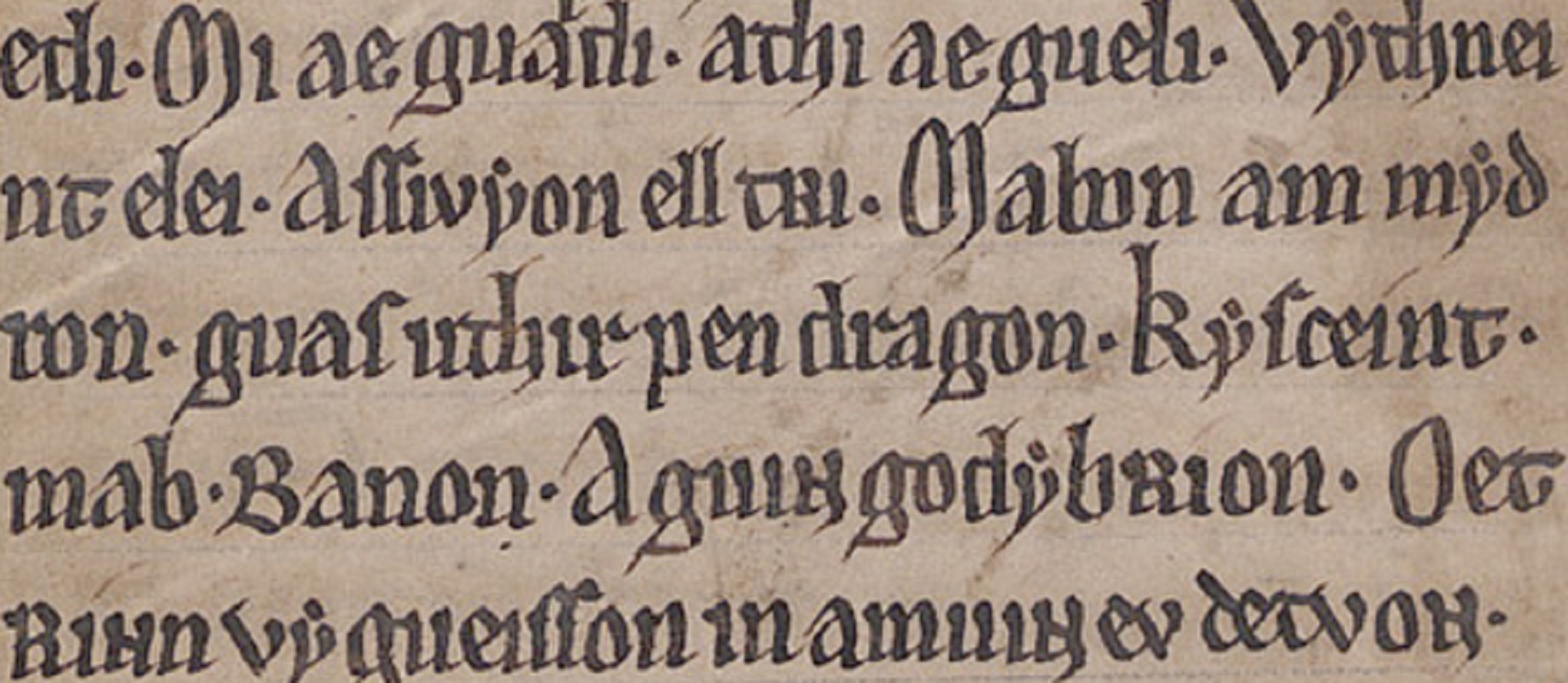 MS Peniarth 1, folio 47r, showing the mention of ‘uthir pen dragon’ in the poem <i>Pa Gur</i>